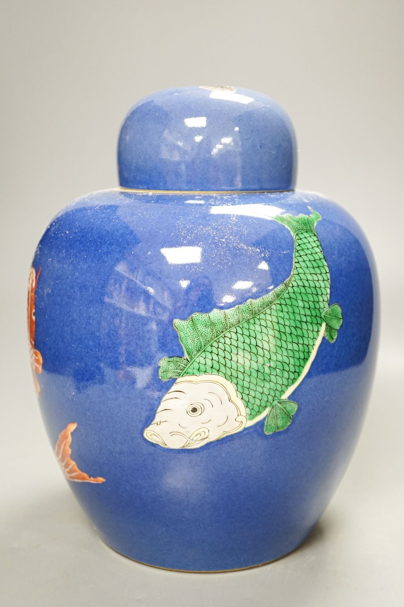 A Chinese powder blue ‘fish’ ginger jar and cover, 26cm